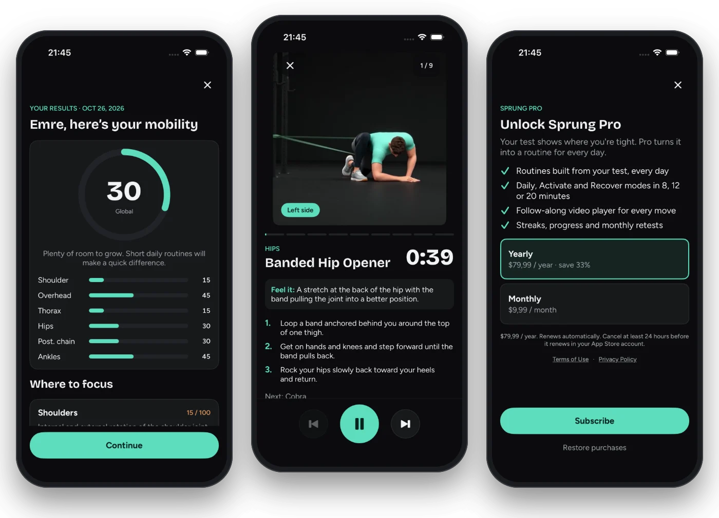 The Sprung app on three phones: your mobility results, the exercise player and Sprung Pro